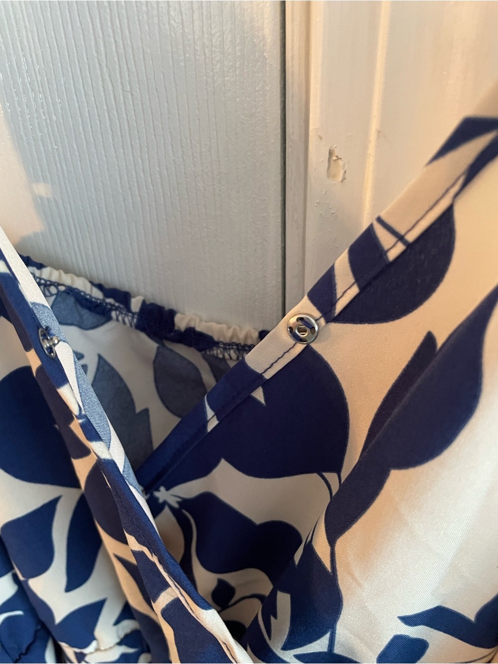 Navy and White Floral Maxi Dress with V-Neck and Spaghetti Straps - Picture 2 of 4
